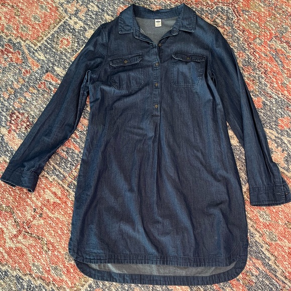 Navy blue long sleeve jean pattern dress - Picture 3 of 10